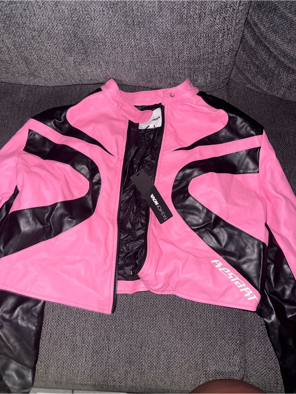 Fashion Nova Pink and Black Racing-Inspired Moto Jacket